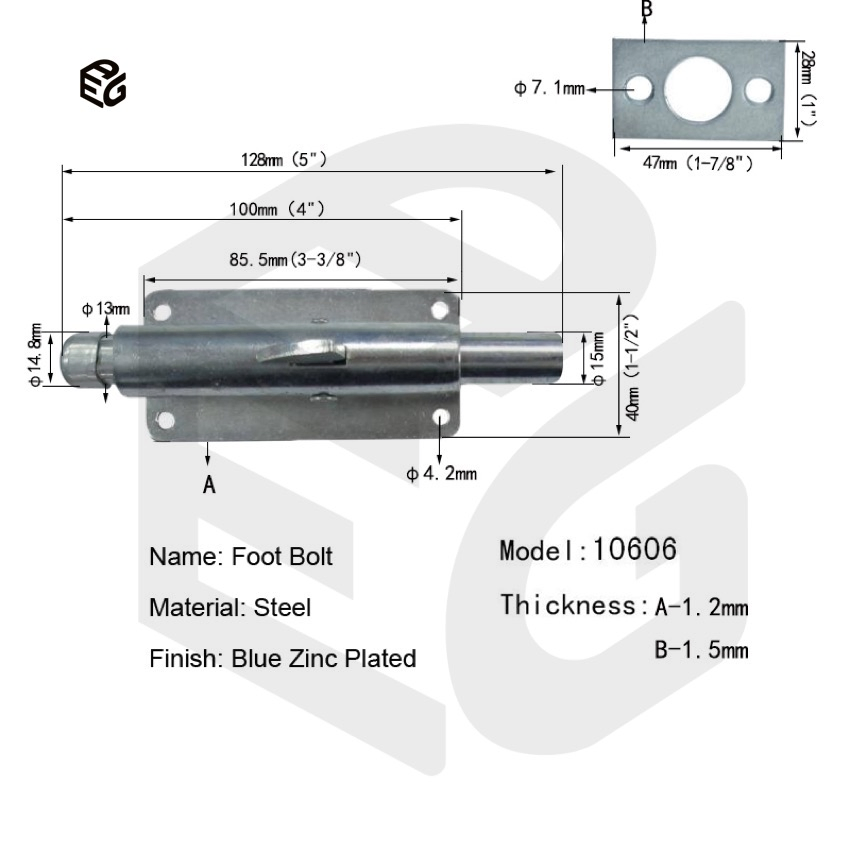 5" Blue Zinc Plated Foot Bolt for Basement Door & Window Security Locking