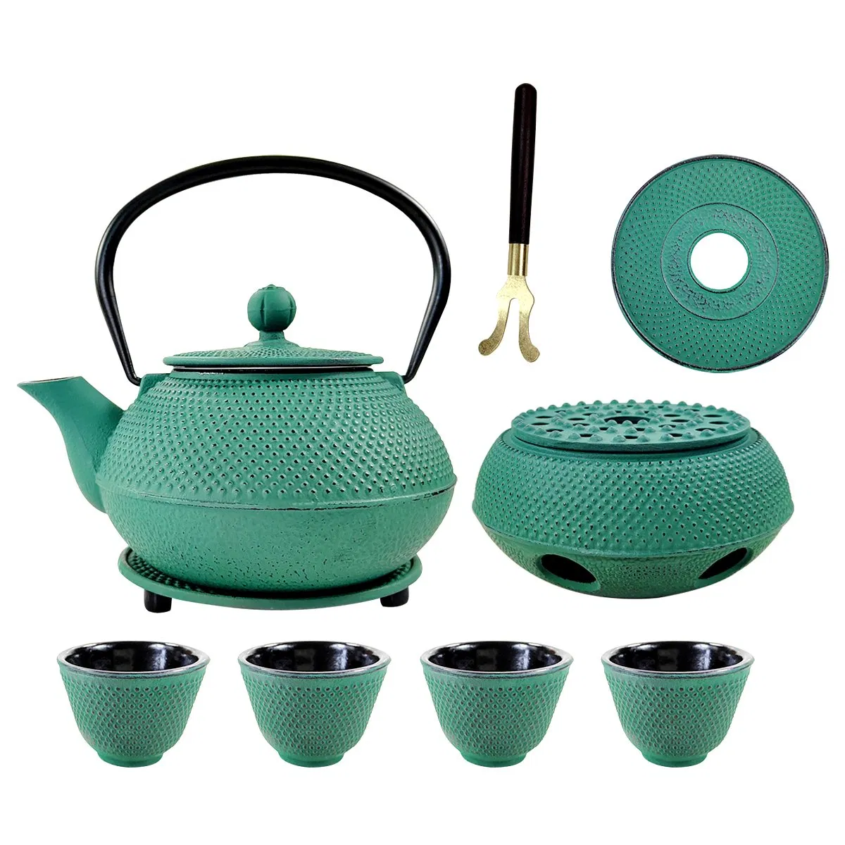 Cast Iron Teapot Set Japanese Style Tetsubin Tea Kettle Set with Warmer, 4 Cups, Infuser, Trivet and Lid Lifter