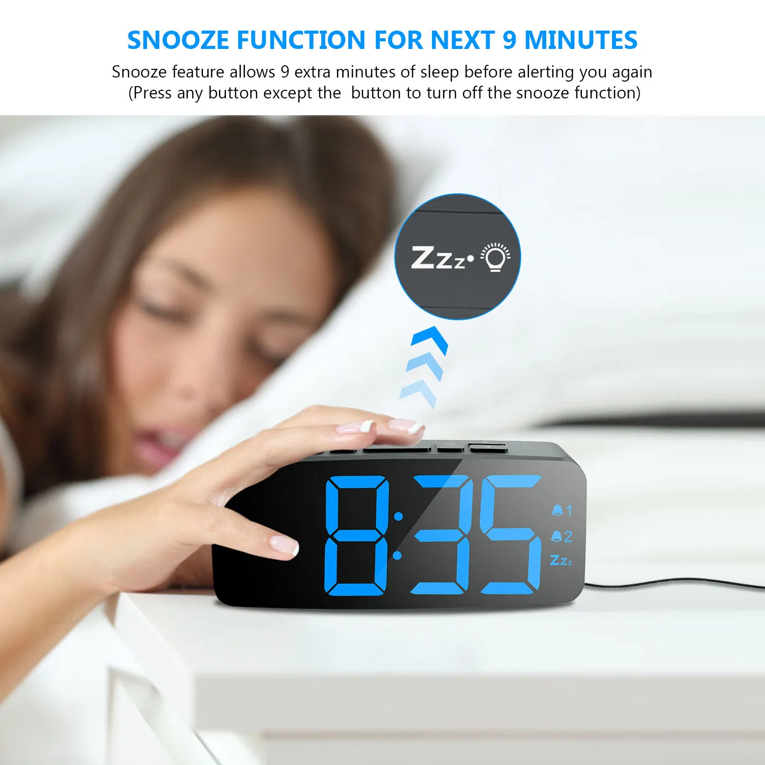 Portable Blue Digital Alarm Clock Radio with Night Light