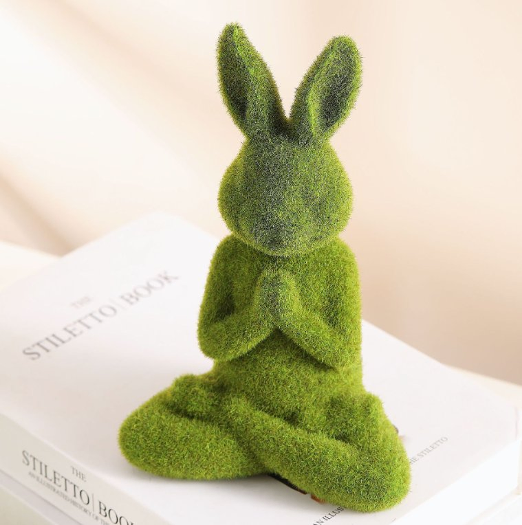 Resin Crafts Easter Bunny Decor Moss Bunny Figurine Flocked Yoga Rabbit Decor for Desktop