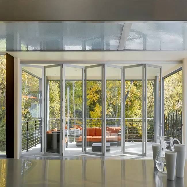 Black Frame Thermally Broken Glass Folding Door with Insulated Panels for Year Round Energy Savings