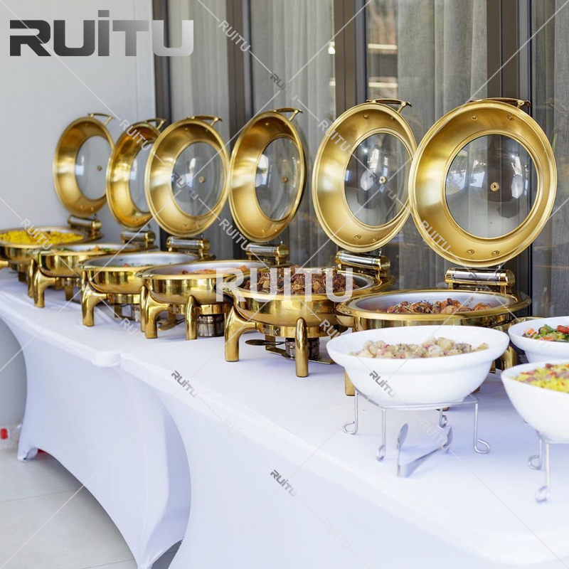 Restaurant Equipment in Guangzhou 6L Chefing Dish Buffet Stove Catering Stainless Steel Round Hydraulic Chafing Dish with Glass Lid Luxury Gold Chaffing Dishes