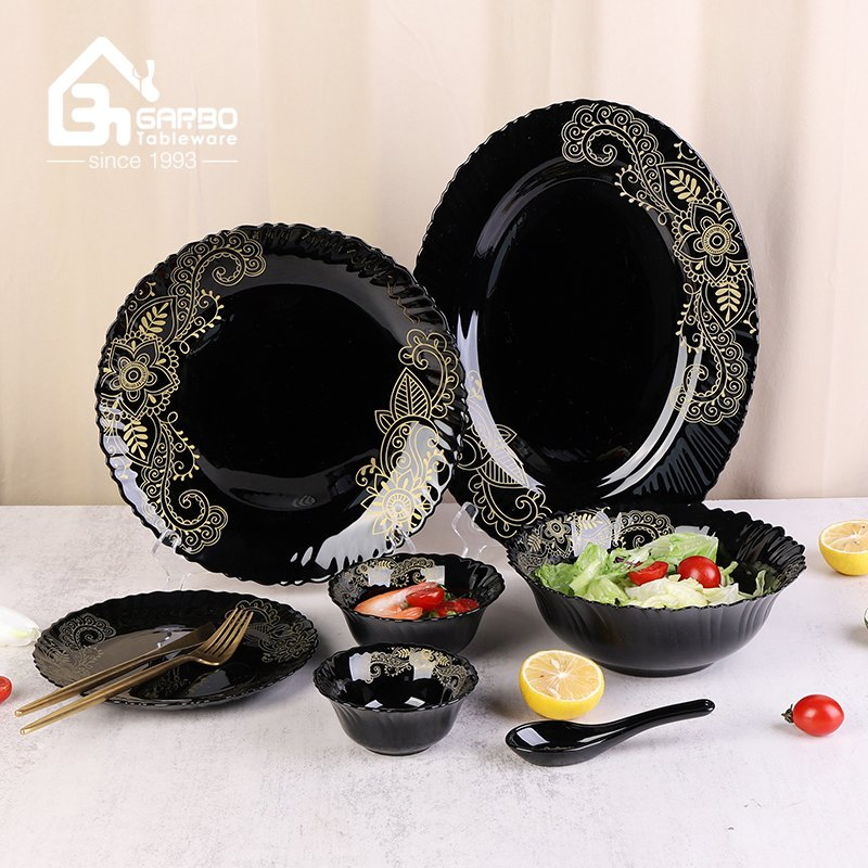 Microwave Safe Black Opalware Glass Dinner Set India Style 33PCS Opal Glass Dinner Set with Customized Decal