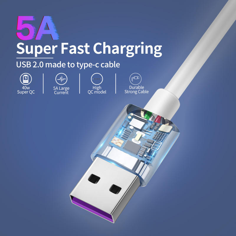 Кабель USB Type-C для быстрой зарядки 5A, белый, 1м