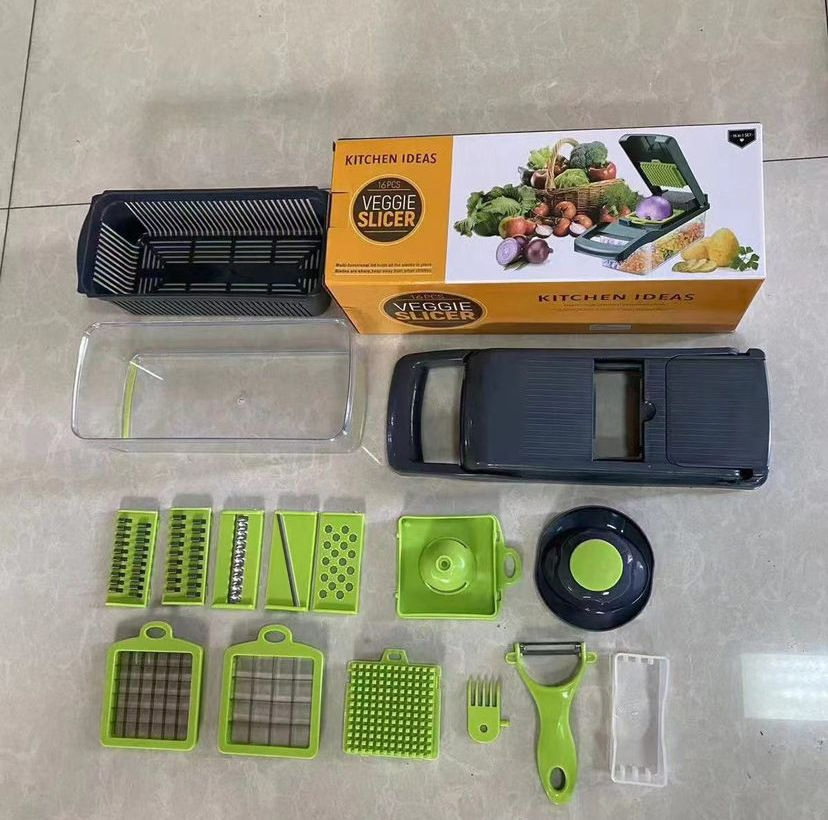 16-1 Multifunctional Steel Kitchen Tool Manual Gray Green Hand Slicer Onions Dicers Vegetable Cutter