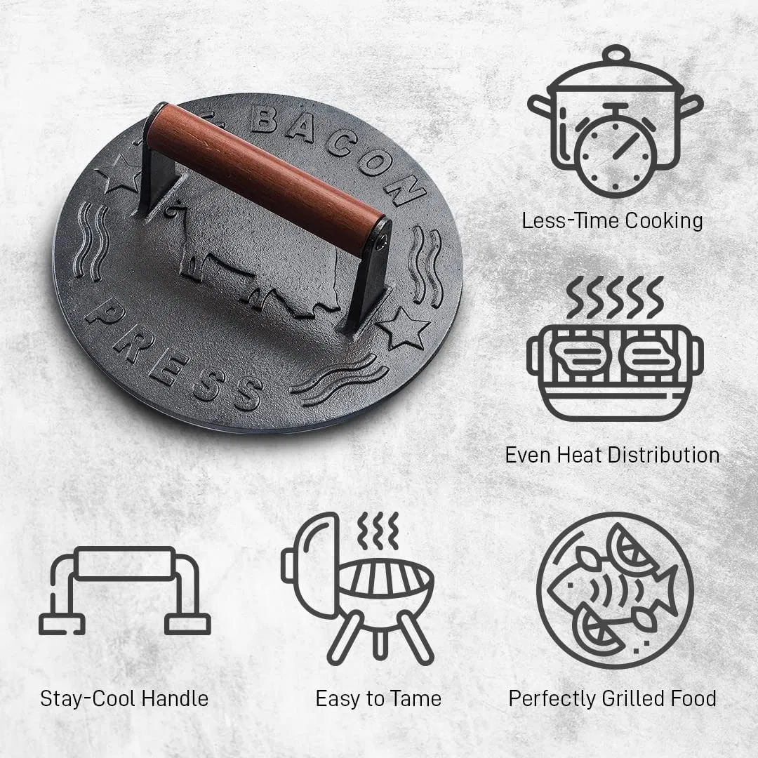 Meat Steak Burger Press Rectangle Heavy Duty Cast Iron Griddle Smash Bacon Press with Wood Handle