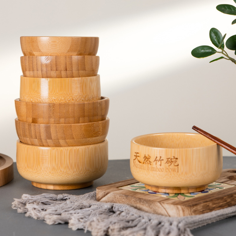 Round Bamboo Wooden Bowl, Japanese Rice Salad Soup Kids Tableware