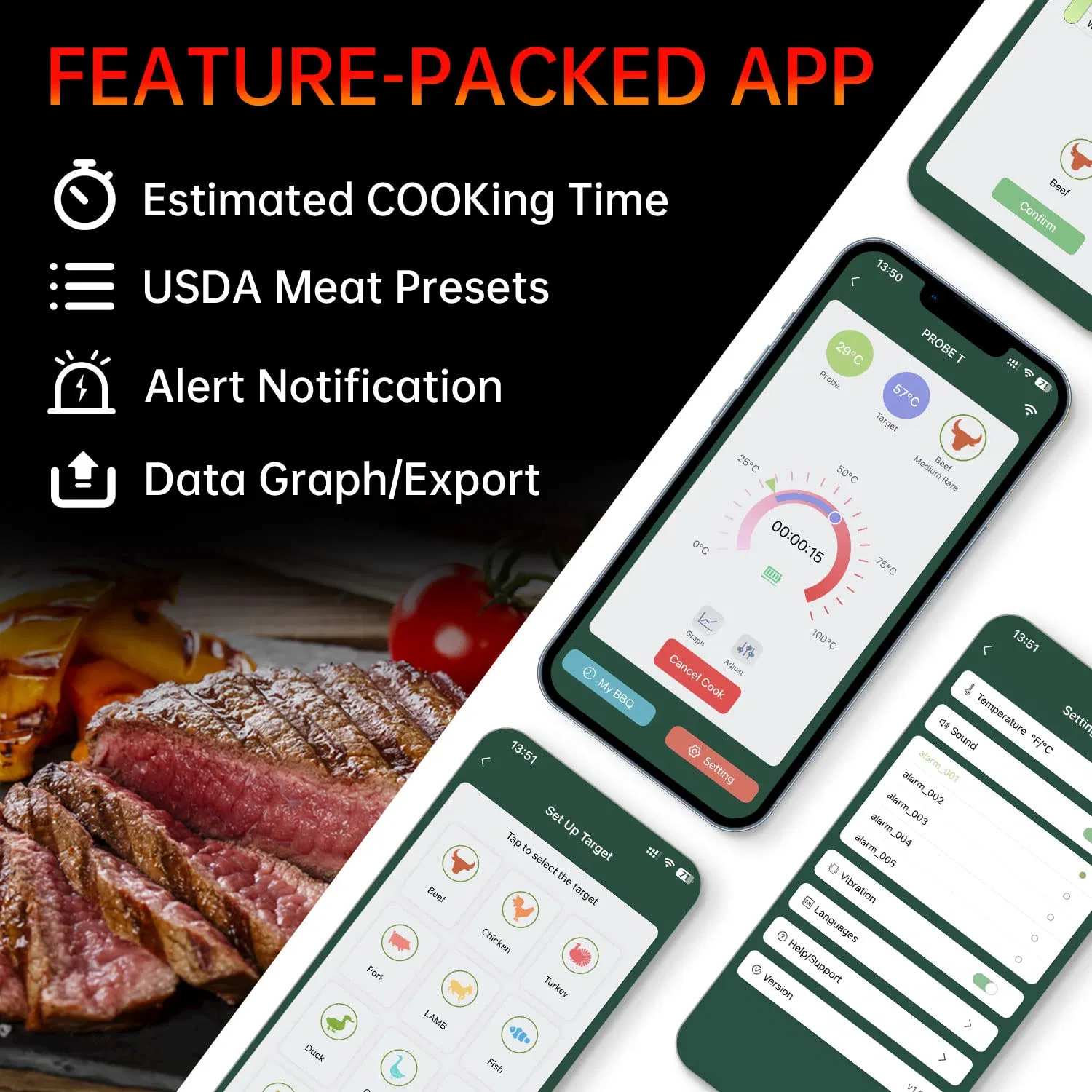 FM200 BBQ Meat Cooking Smart Wireless Grill Thermometer with Wooden Charging Dock