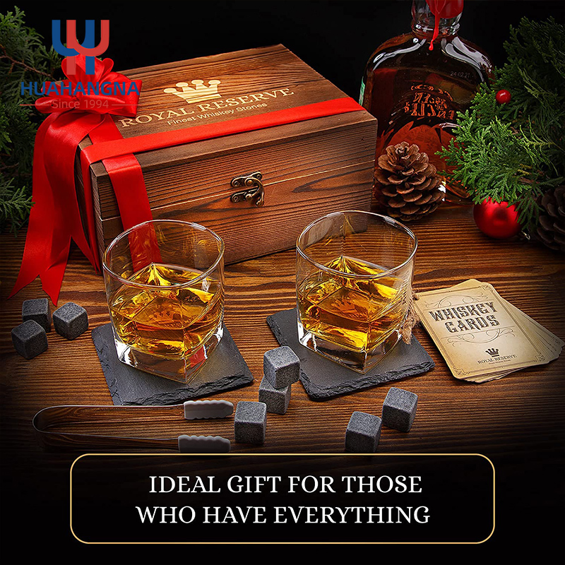 Bar Glassware Gift Set 11oz 330ml Unique Crystal Clear Rock Twisted Whiskey Glasses Set with Whisky Balls and Wooden Box