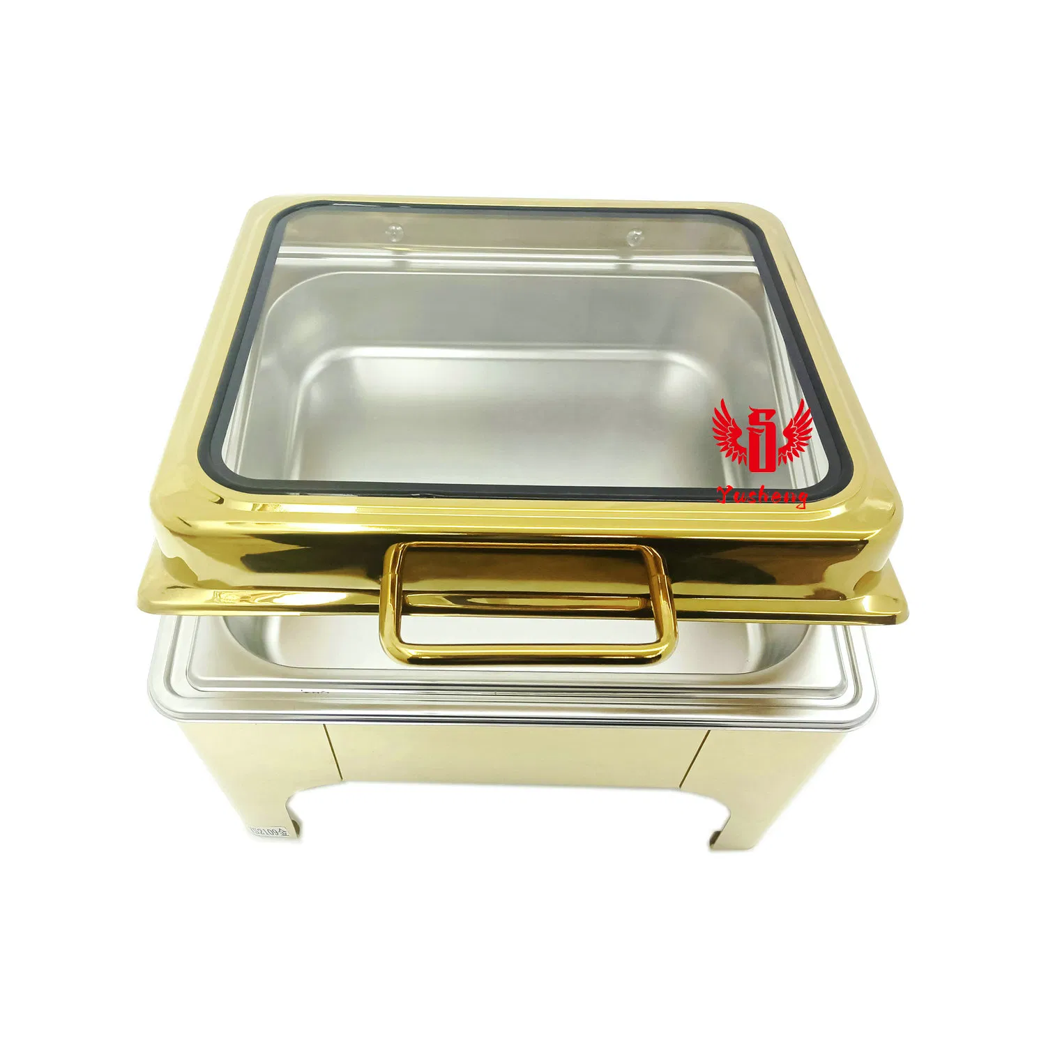 Good Quality Visible Lid Golden Square Shape High Stand Stainless Steel Chafing Dish