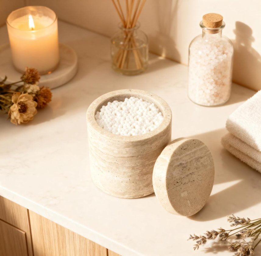 Natural Marble Canister Toothbrush Holder Cotton Swab Container with Lid