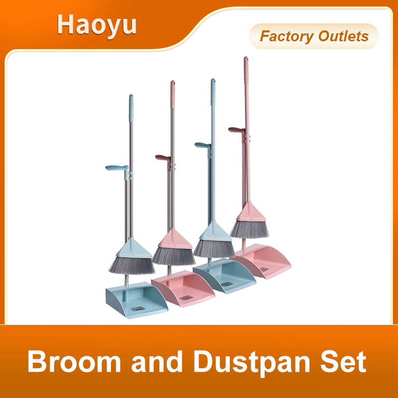 Household Plastic Soft-Bristle Broom and Dustpan Set Office Indoor Broom Set Long-Handled Broom with Dustpan Holder Broom and Dustpan Set with Comb Teeth