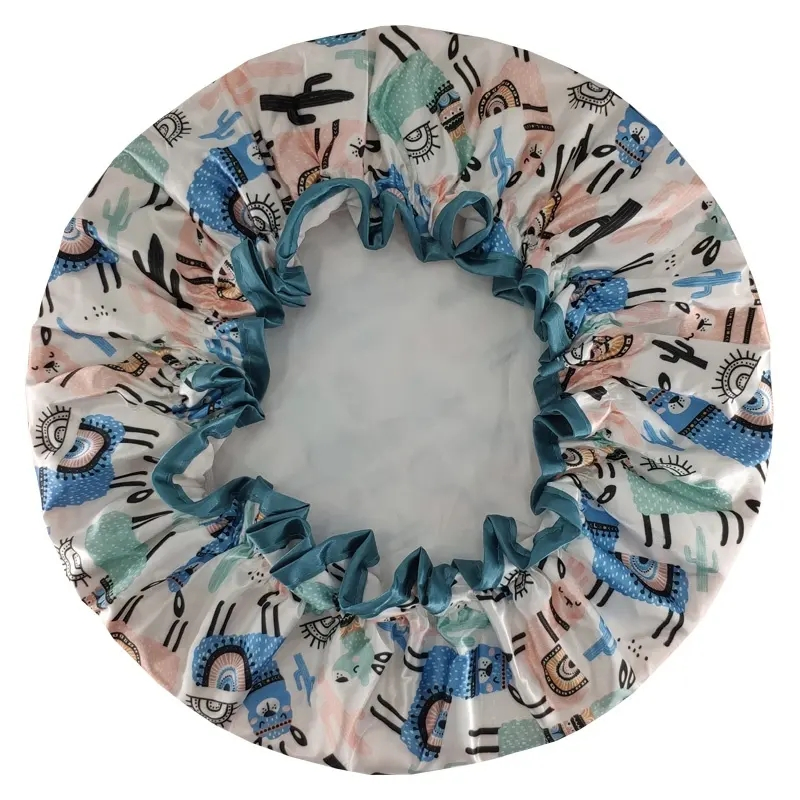 Quiet Girl Printing Shower Caps Double Layer Satin Llama Shower Cap