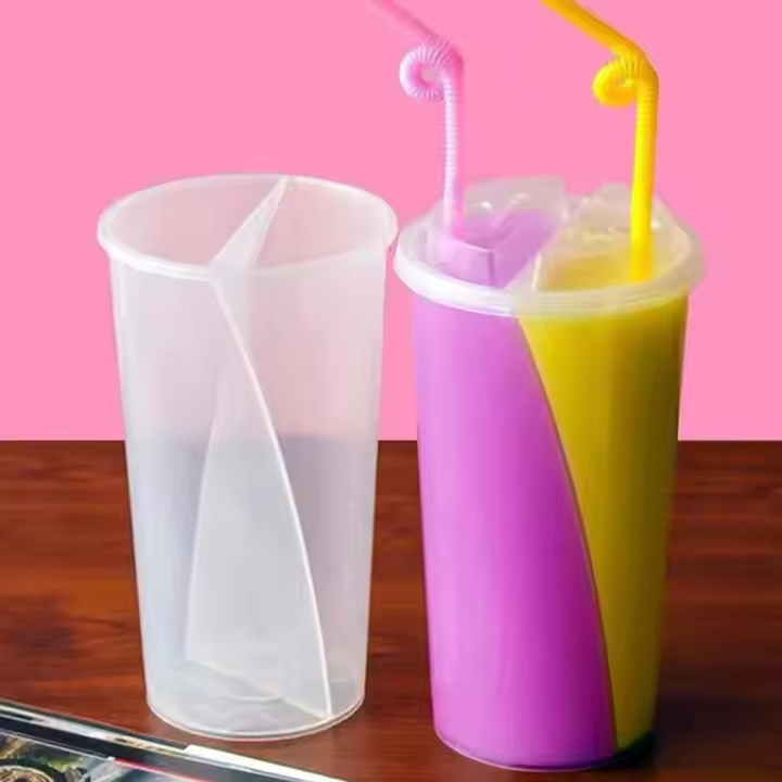 Custom 22oz Disposable Plastic Cups PP & Pet Material 2 Compartment Bubble Boba Tea Cups