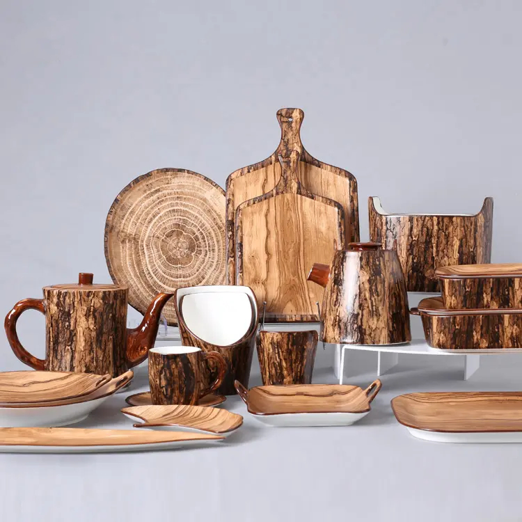 Home Wood-Like Ceramic Tableware Plate Kitchen Baking Dish Ceramic Soup Pot Casseroles with Lid