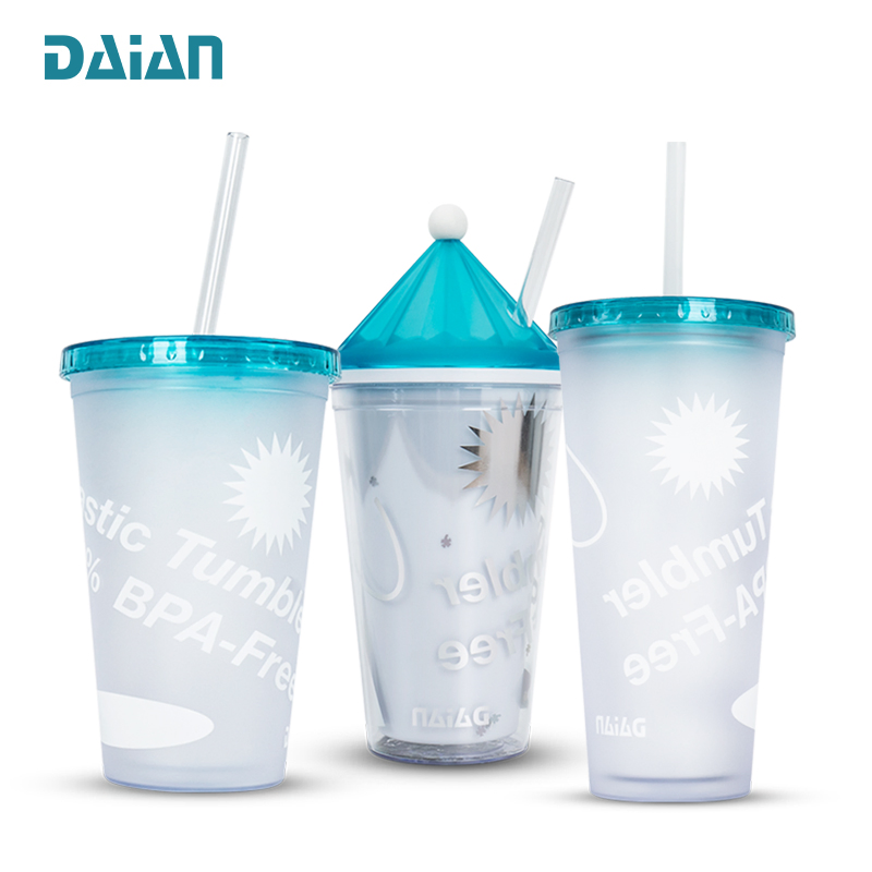 Custom Logo 16oz 24oz Reusable Plastic Travel Coffee Mug Double Wall Insulate Clear Acrylic Tumblers with Straw and Lid