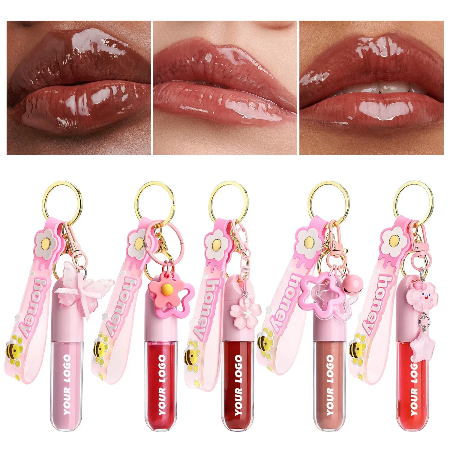Herbal Liquid Lip Gloss with Key Chain Long Lasting Glossy Custom Logo Keychain Lip Gloss