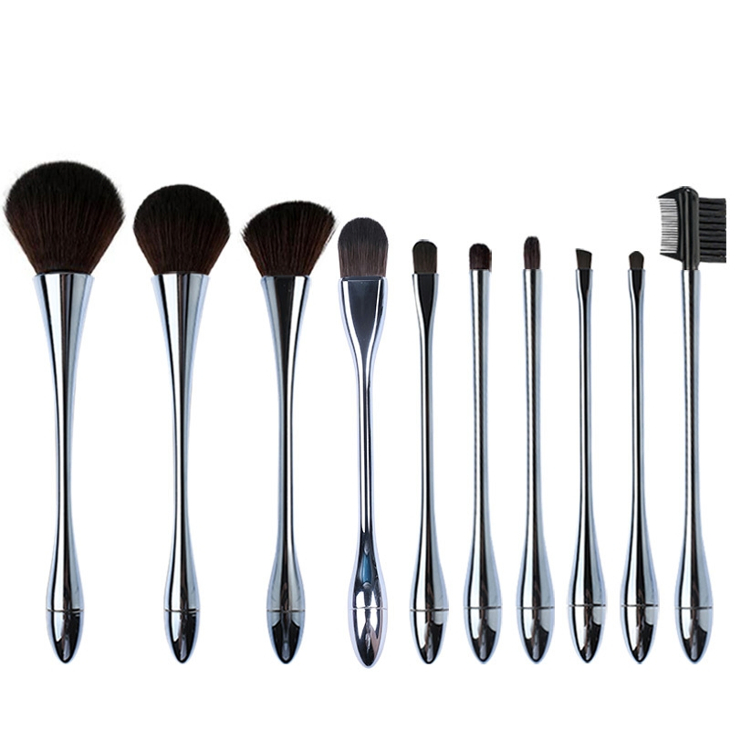 10-Piece Goblet-Shaped Makeup Brush Set with Gunmetal Finish, Brown Bases and Black Brush Heads