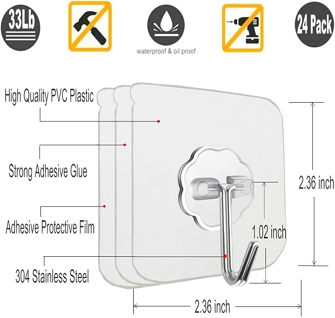 Heavy-Duty Transparent Adhesive Hooks for Indoor and Outdoor Use