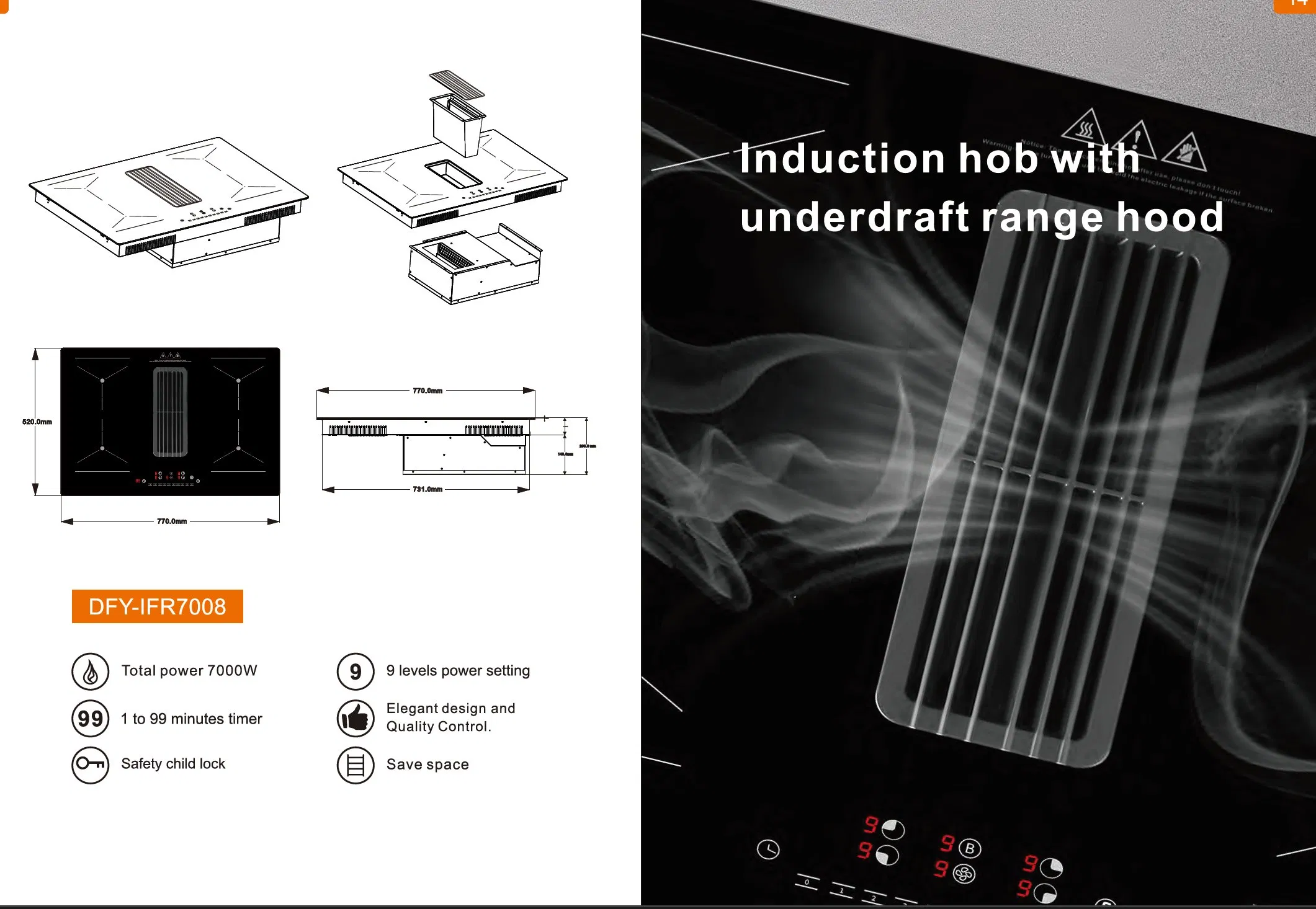 Innovative Four-Hob Induction Venting Cooktop with Downdraft Extraction