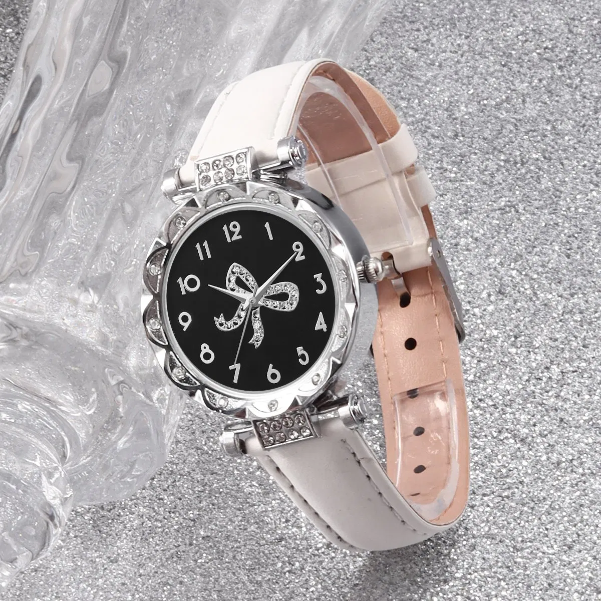 6-Piece Set of Cute and Romantic Rhinestone Leather Watches and Women's Bow Jewelry