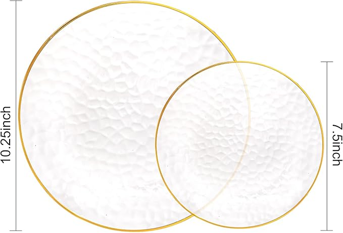 Hammered Clear Plastic Disposable Plates with Gold Rim Include 25 Clear Gold Dessert Plates, 25 Dinner Plates for Party