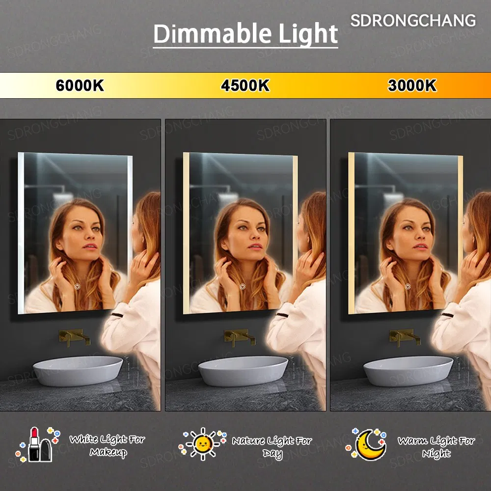 Custom High Quality Rectangle LED Wall Mounted Touch Switch Backlit Lighted Three Colors Vanity Decorative Bathroom Smart Fogless Mirror with UL CE IP44