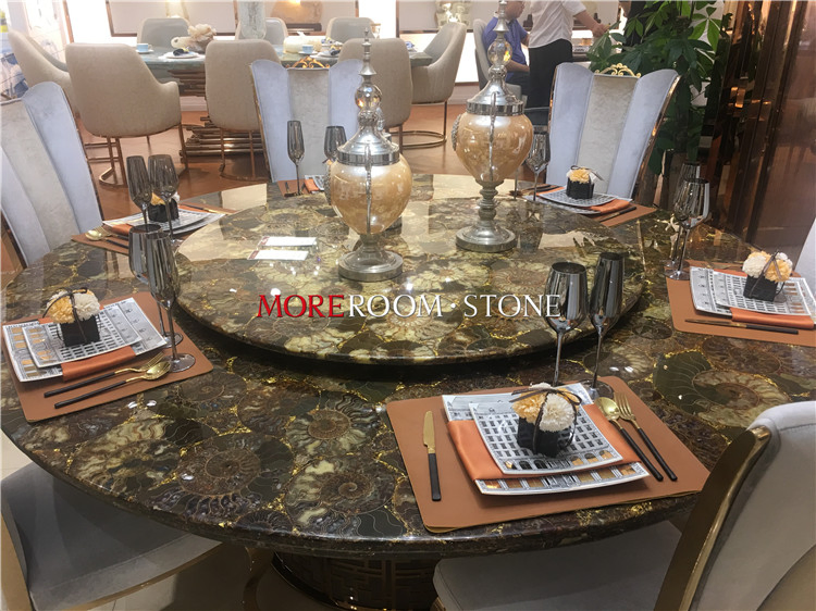 Luxury Villa Decor European Style Italian Custom Round Rectangle Brown Ammonite Sea Shell Fossil Nautilus Gemstone Dining Countertop