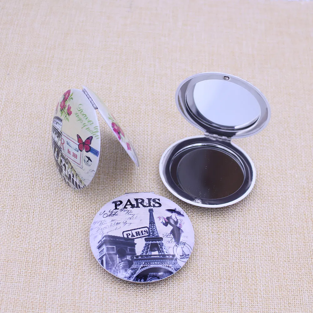 Custom Printed Compact Mirrors Heart Shaped Eiffel Tower Travel Souvenir Pocket Mirrors Portable Folding Makeup Mirrors Metal Mini Purse Mirrors