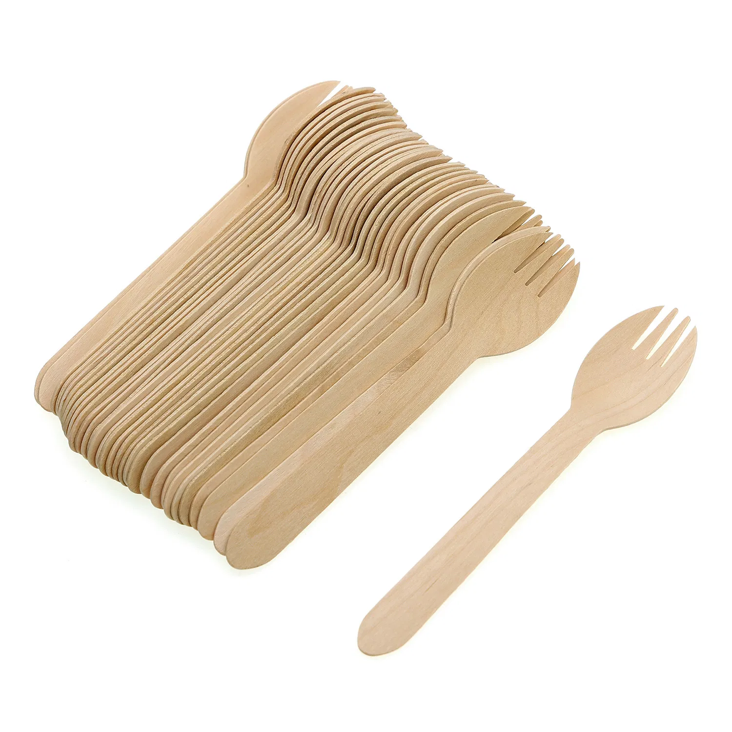 Compostable Disposable Spoon Fork 105mm/140mm/160mm Biodegradable Paper Bag Birch Wooden Spork with Customized Logo Printing for Desserts & Parties
