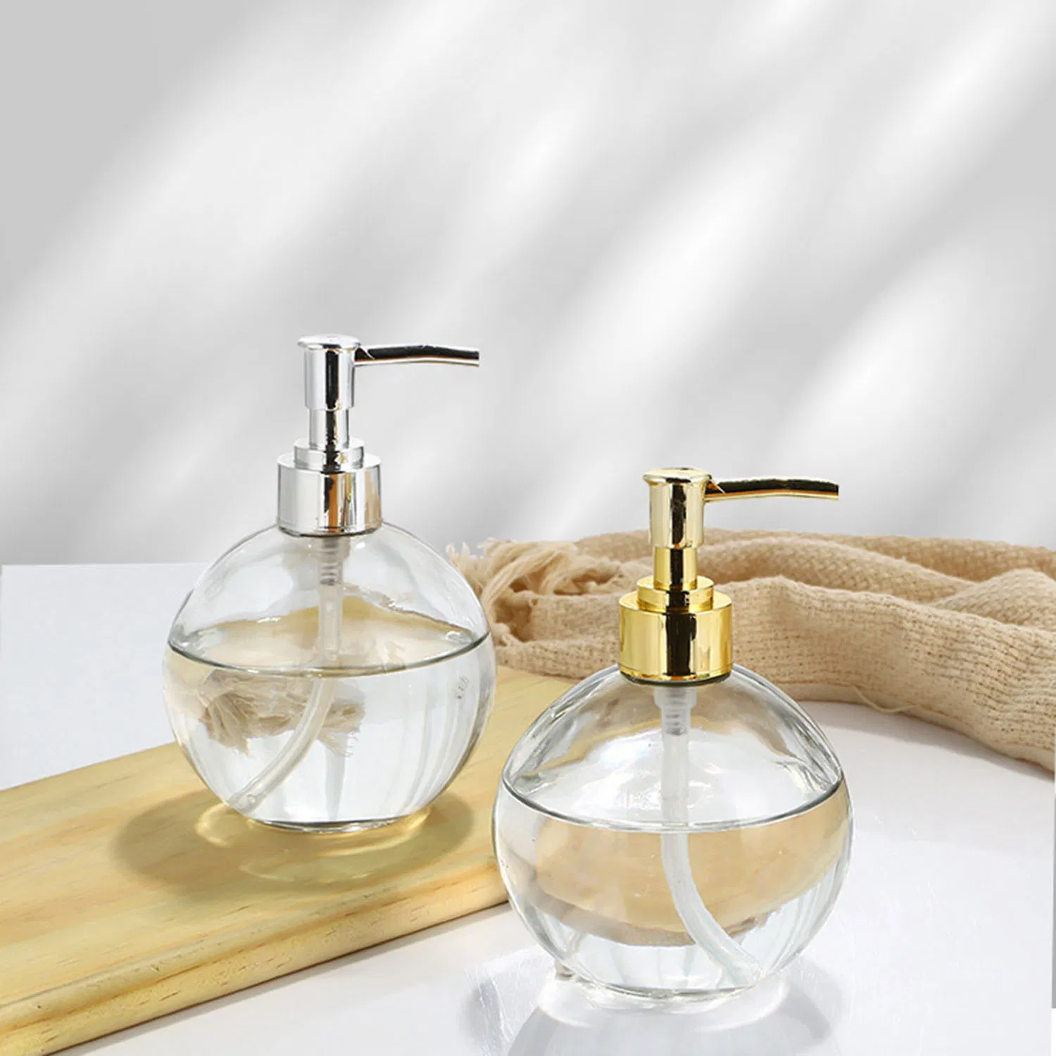 400ml Design Round Glass Refillable Liquid Soap Dispenser Pump Bottle for Bathroom Vanity Countertop, Kitchen Sink - Holds Hand Soap, Dish Soap, Hand Sanitizer