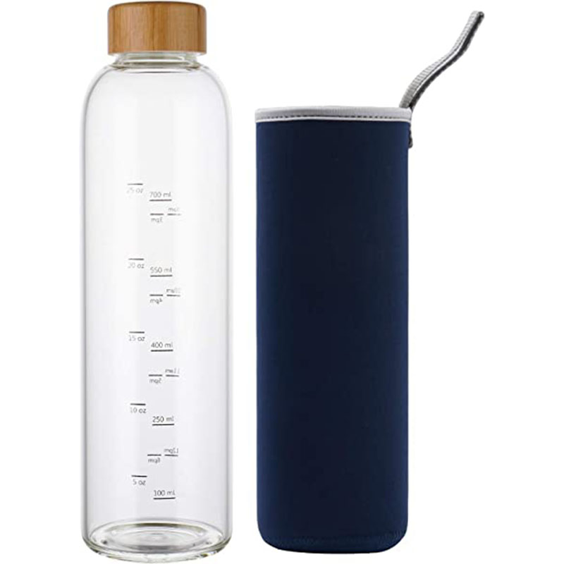 Стеклянная бутылка для воды 950 мл с маркером времени и бамбуковой крышкой