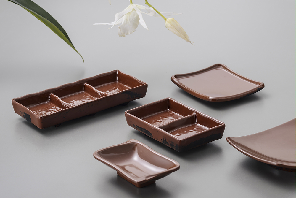 2-Divided Sauce Dish Melamine Rectangle Plate BBQ Sauce Plate