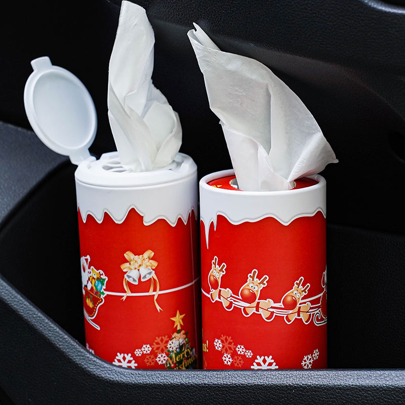 Christmas Design Eco-Friendly Disposable Cylinder Tissue Box Quality Soft Car Facial Tissues