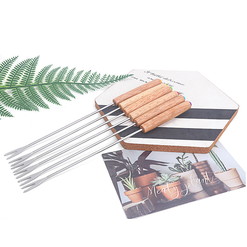 6-Piece Set of Oak Handled Swiss Cheese Hotpot Fork Cheese Chocolate Hotpot Fork