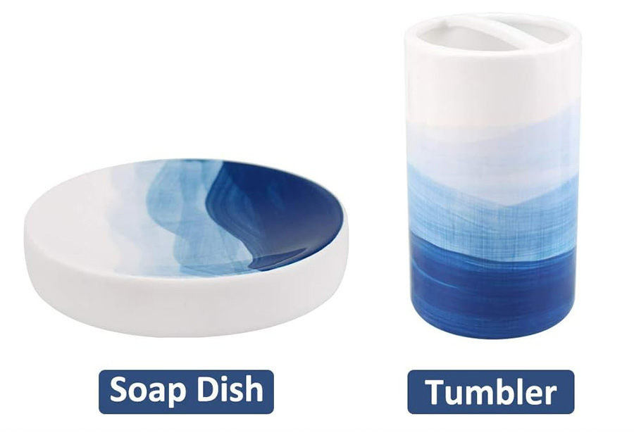 4 Piece Painted Ceramic Dispenser Soap Dish Sanitary Bathroom Accessory Set