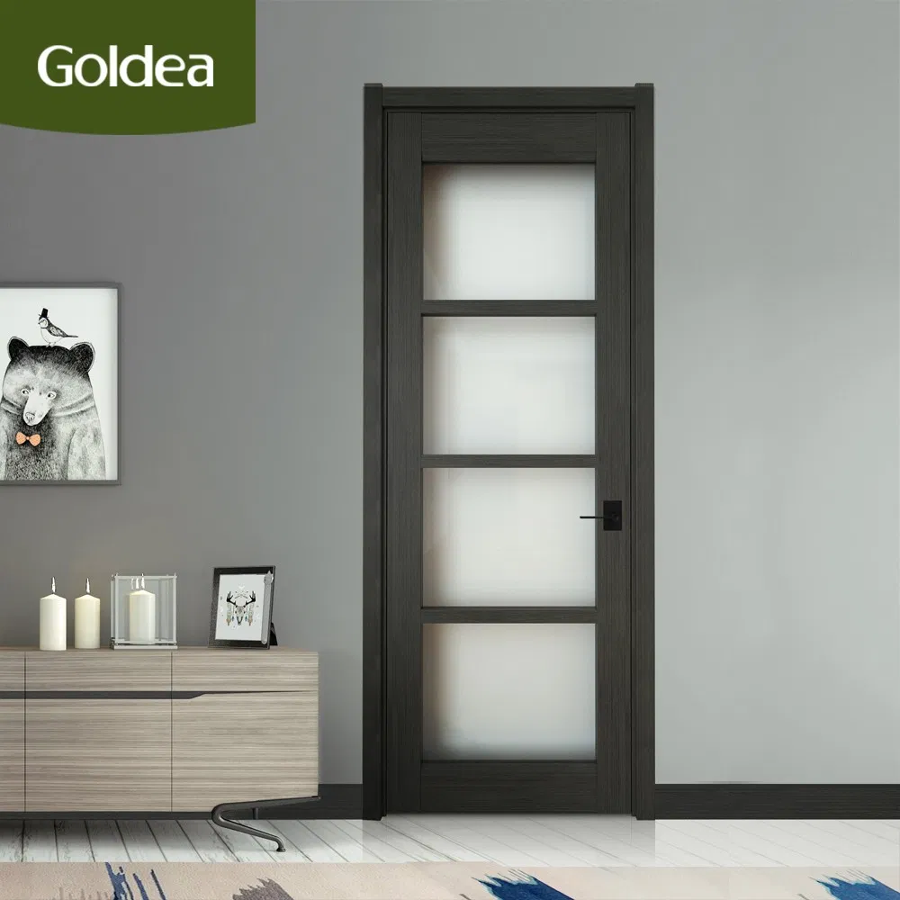 Goldea 39 Year Factory Wholesale Price Customized Modern Simple Design Strips Inlay Bedroom Hotel Interior Glass Solid Wood PVC Door