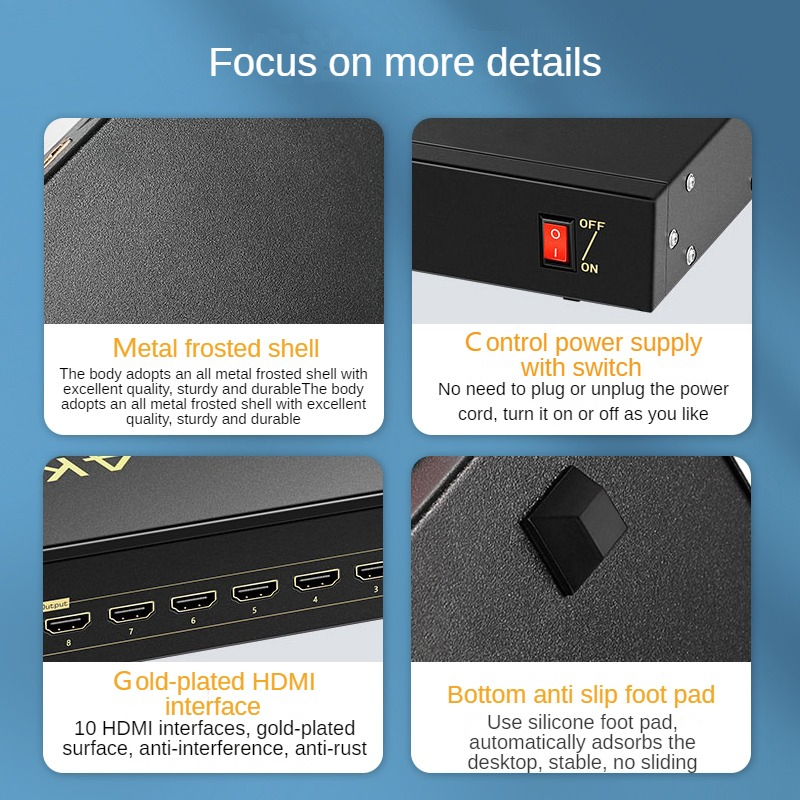 1 in 10 out Distributor HDTV Splitter with One in Ten Power Supplies One in Ten out 4K Digital High-Definition Video Splitter