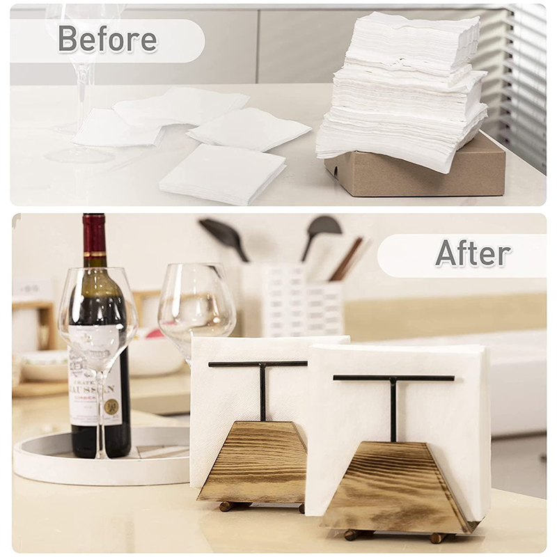 Natural and Durable Wooden Napkin Holder with Metal Rod Tissue Organizer Rack