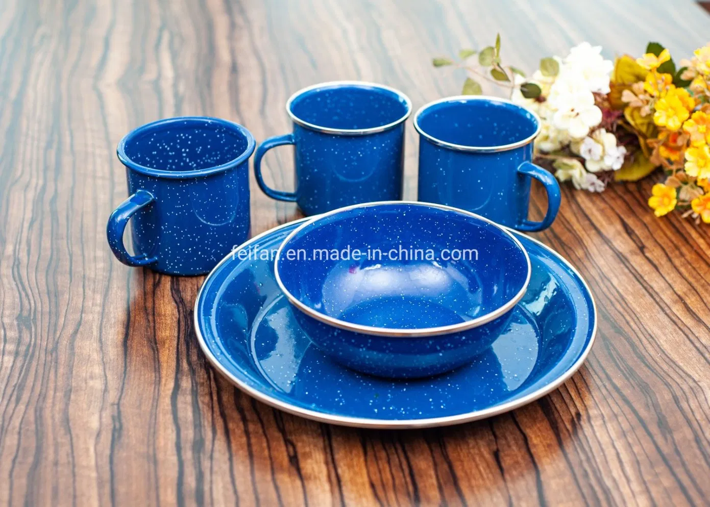 Enamel Camping Set 12PCS Dinnerware with Stainless Steel Rim