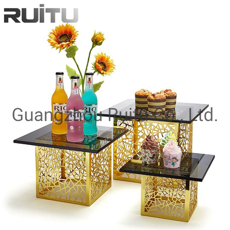Afternoon Tea Tools LED Colorful Light Buffet Risers Gold Metal Wire 3 Tier Glass Platter Crystal Dessert Display Stand Decorating Hanging Bird Cage Cake Stand