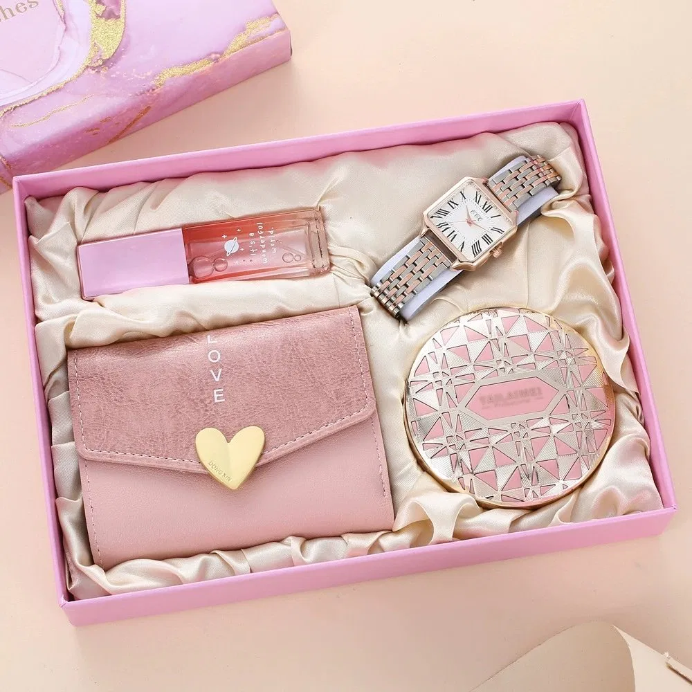4-Piece Set: Stylish and Versatile Birthday Gift for Women, a High-End and Practical Gift Box Including a Watch, Perfume, Cushion Foundation, and Wallet.