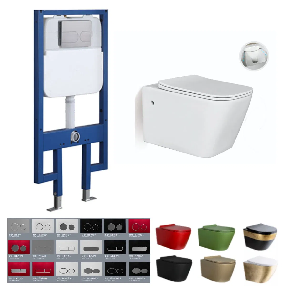 European HDPE Plastic Rimless Flush Wall Hung Toilet High Concealed Cistern with Iron Frame Color Button