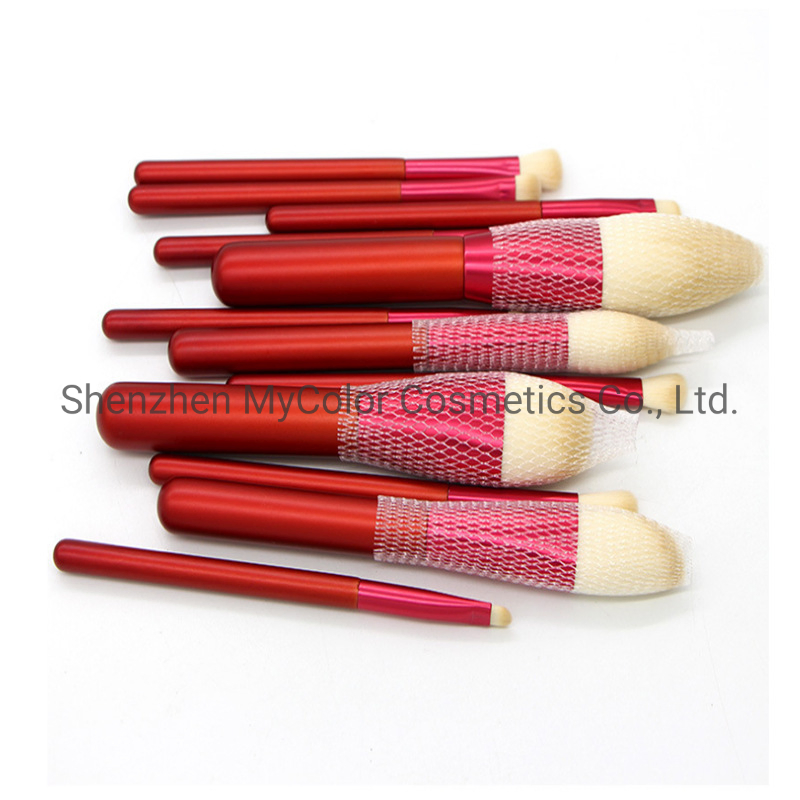 12PCS Red Brush Set Nylon Synthetic Hair Foundation Blush Brow Makeup Brushes