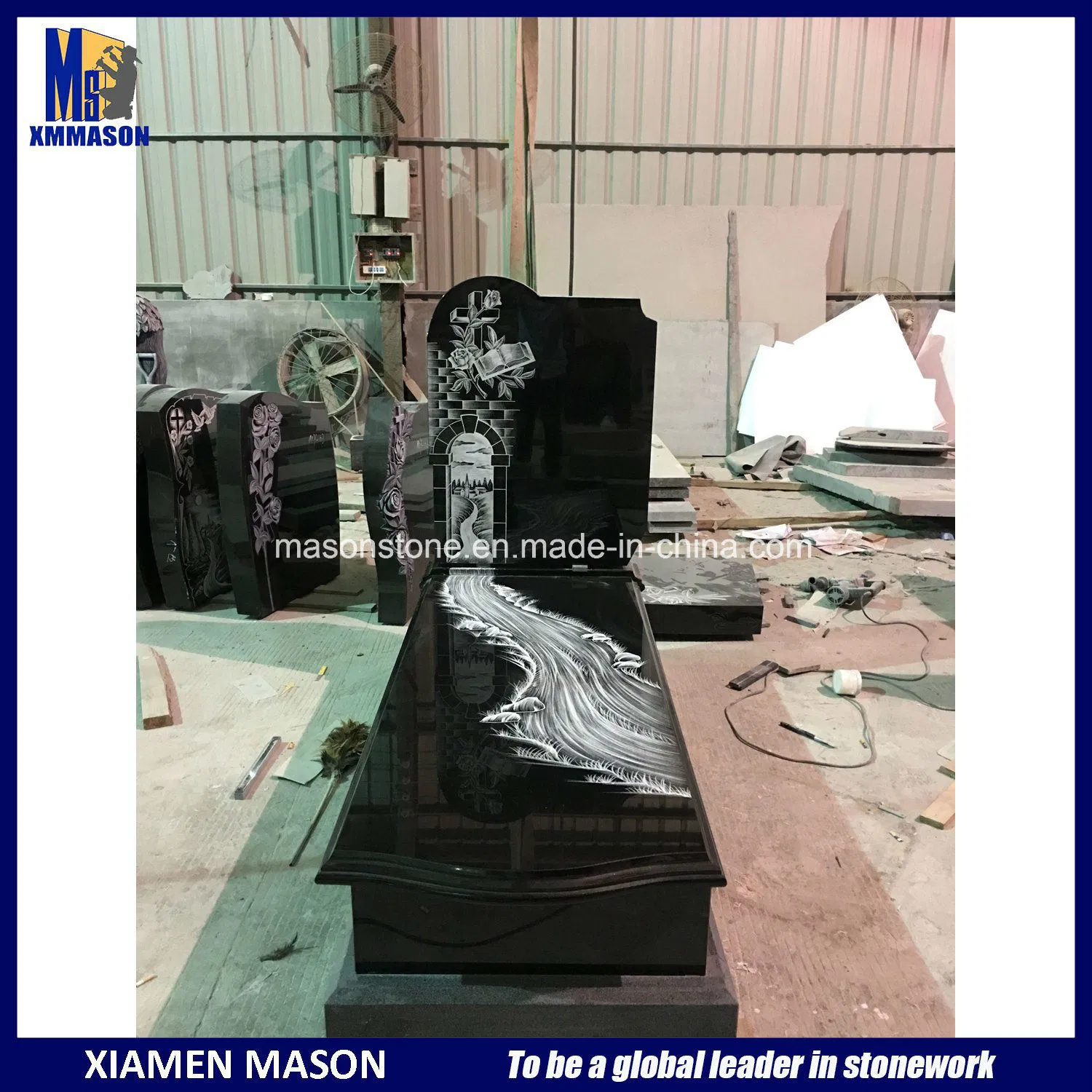 Mason France Headstone with Line Carving in Juparana Indian