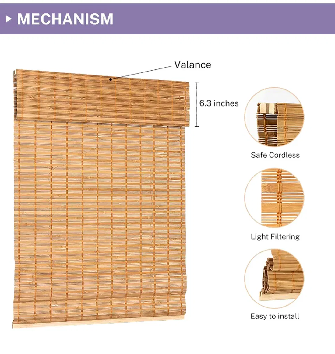 Cordless Bamboo Roman Rolling Matchstick Window Blinds Curtains