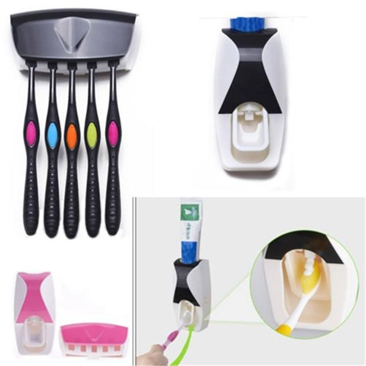 Wall Mounted Kids Hands Free Toothbrush Holder Toothpaste Squeezer Dispenser Set