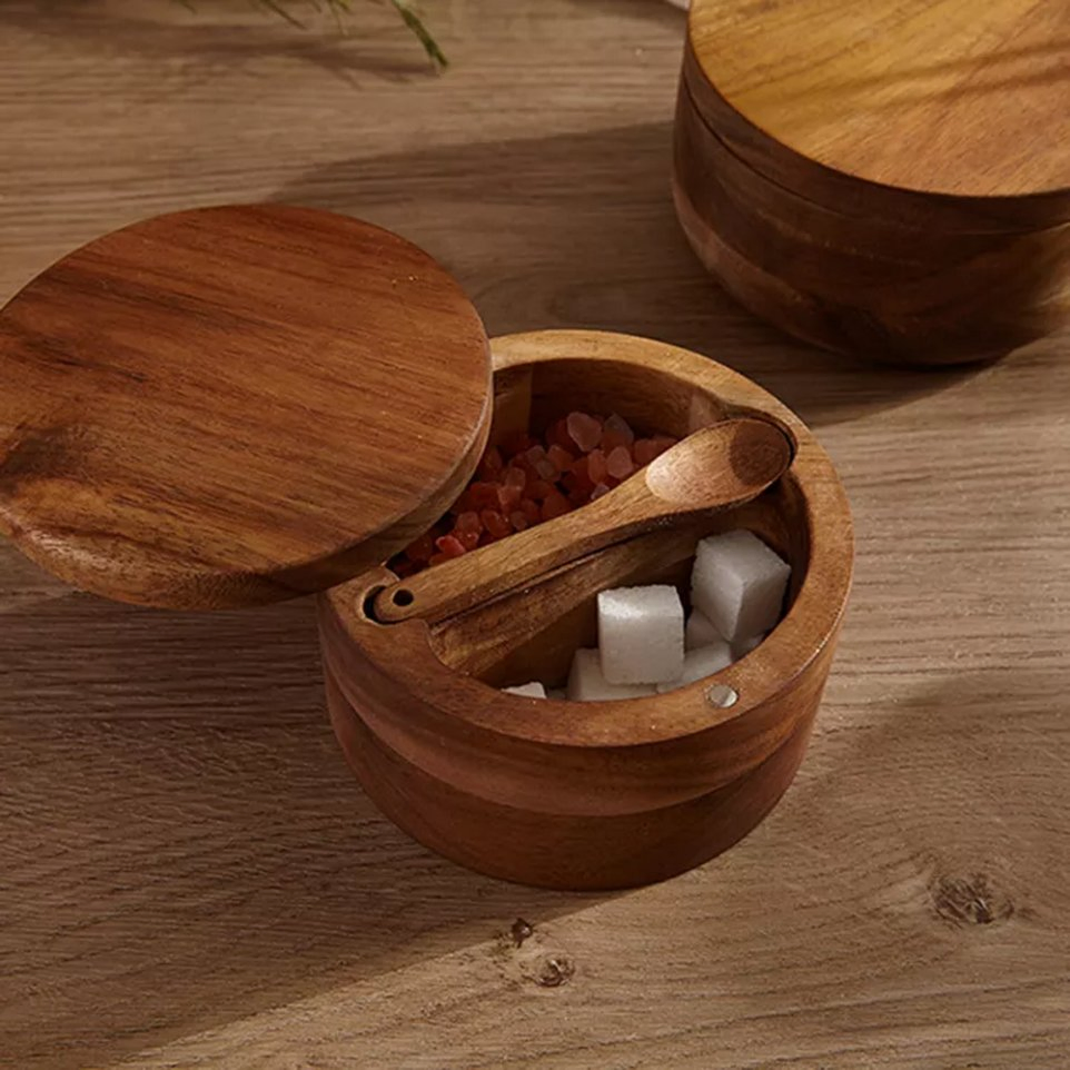Custom Logo Natural Acacia Wood Spice and Salt Box with Spoon