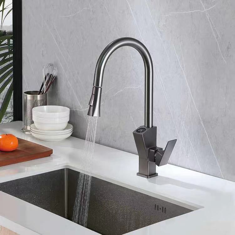 New Design Model Fashion Digital Display Pull Down Square Shape Gun Gray Kitchen Faucet