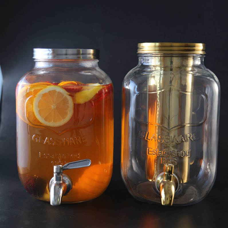 2 Gallon 8L Clear Glass Mason Jar Big Volume Juice Glass Drink Beverage Dispenser with Tap and Metal Stainless Stand